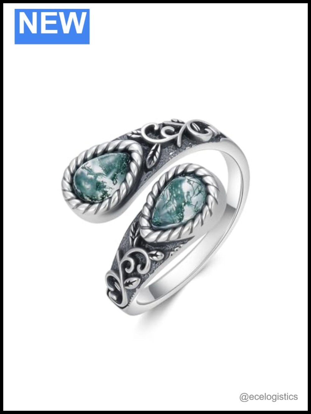 Natural Moss Agate Spoon Ring 925 Sterling Silver Adjustable Boho Statement
